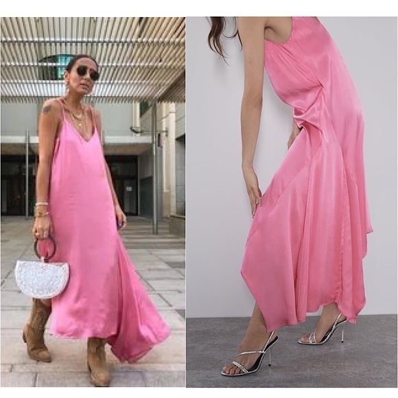 NWT ZARA 90s Y2K Barbie Pink Satin Asymmetric Hem Sleeveless Slip Midi Dress XS - Picture 2 of 9